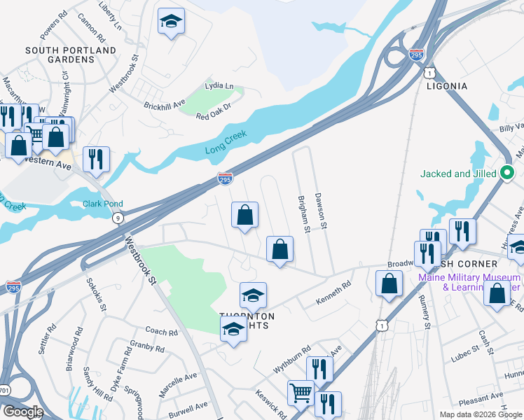 map of restaurants, bars, coffee shops, grocery stores, and more near 68 Fellows Street in South Portland