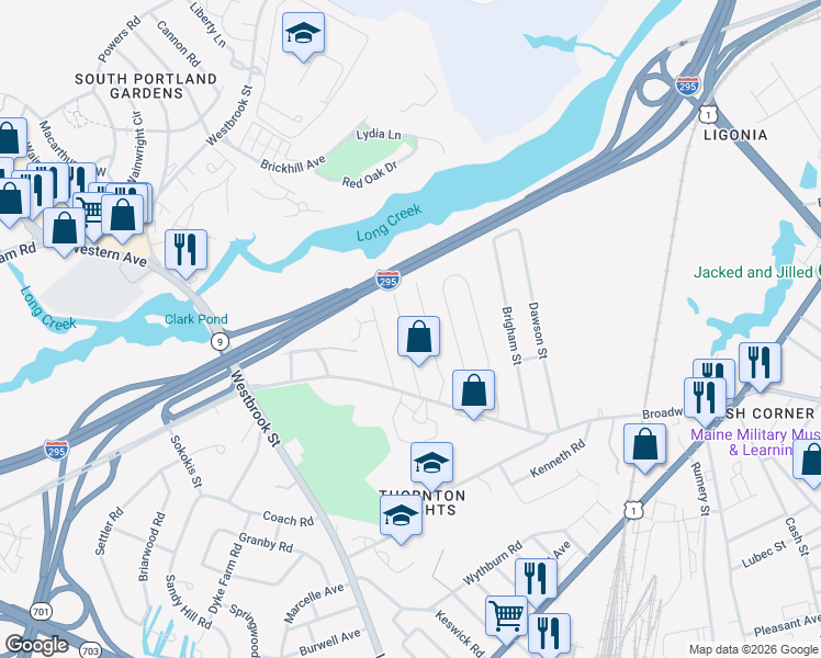 map of restaurants, bars, coffee shops, grocery stores, and more near 62 Linton Street in South Portland