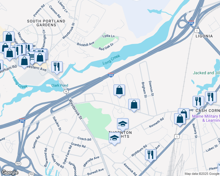 map of restaurants, bars, coffee shops, grocery stores, and more near 39 Hobart Street in South Portland