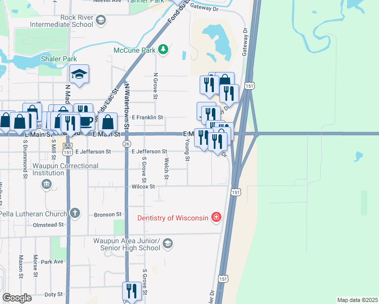 map of restaurants, bars, coffee shops, grocery stores, and more near 900 East Jefferson Street in Waupun