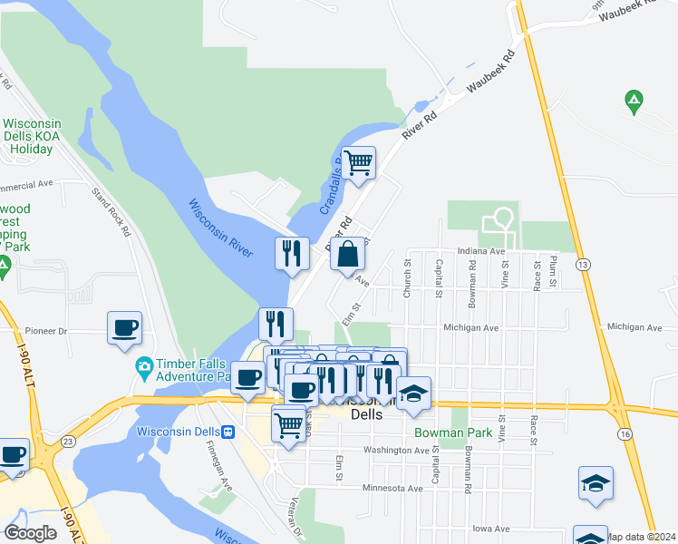 map of restaurants, bars, coffee shops, grocery stores, and more near 1036 Oak Street in Wisconsin Dells