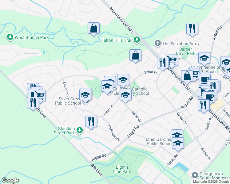 map of restaurants, bars, coffee shops, grocery stores, and more near 66 Miller Drive in Halton Hills
