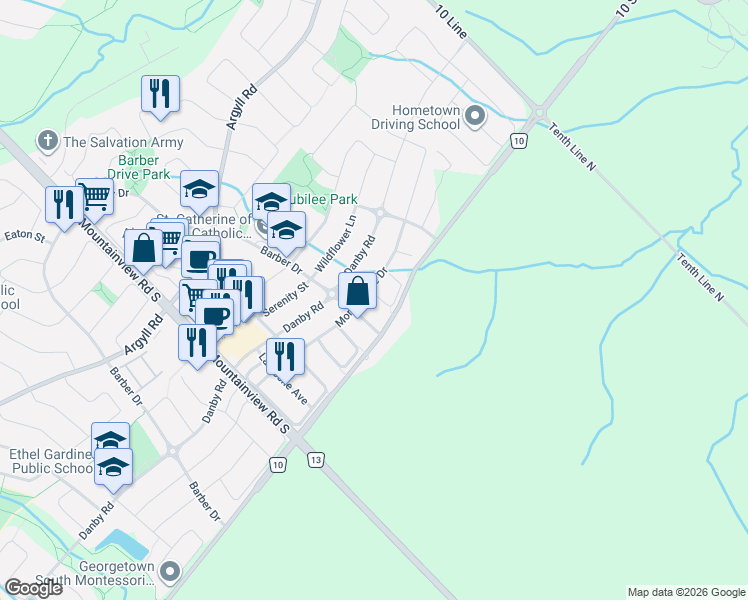 map of restaurants, bars, coffee shops, grocery stores, and more near 6 Duffel Crescent in Halton Hills