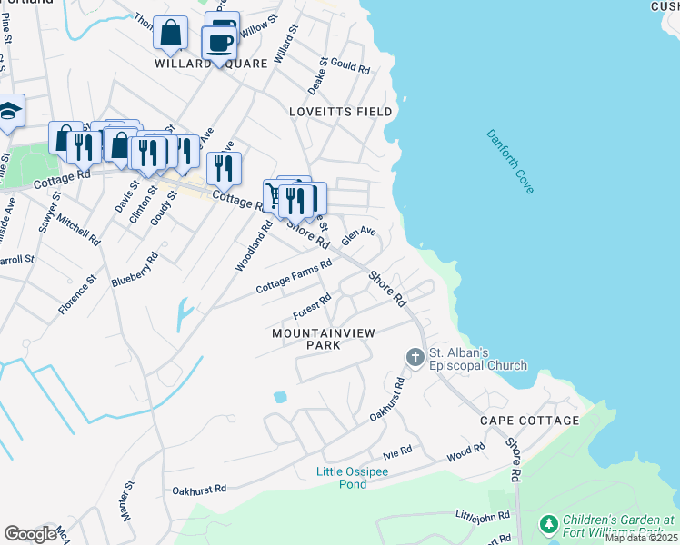 map of restaurants, bars, coffee shops, grocery stores, and more near 5 Mountain View Road in Cape Elizabeth