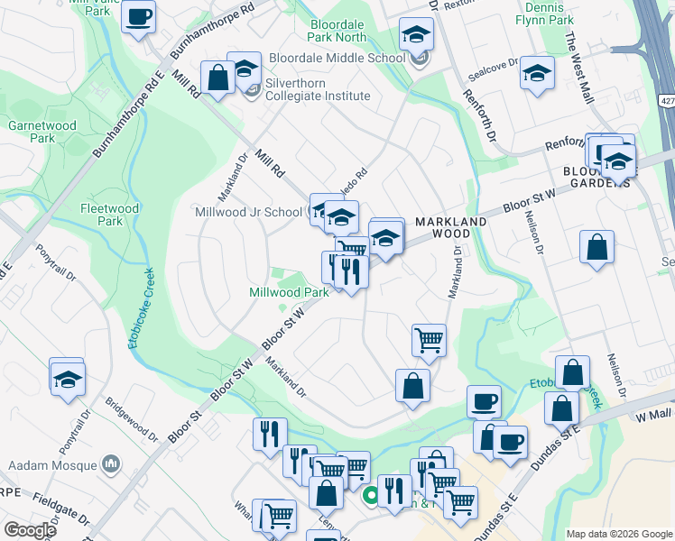 map of restaurants, bars, coffee shops, grocery stores, and more near 4340 Bloor Street West in Toronto