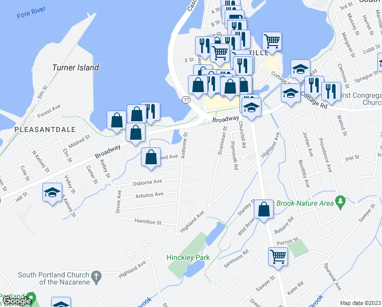 map of restaurants, bars, coffee shops, grocery stores, and more near 42 Anthoine Street in South Portland