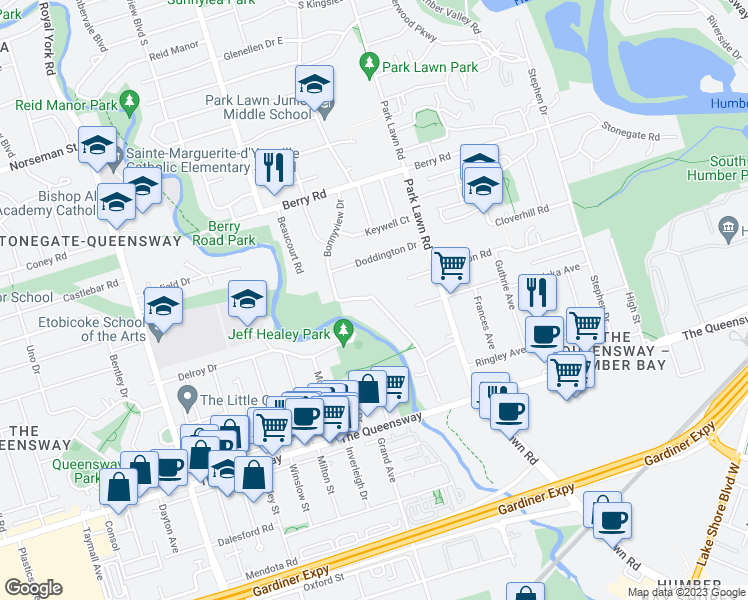 map of restaurants, bars, coffee shops, grocery stores, and more near Bonnyview Drive in Toronto