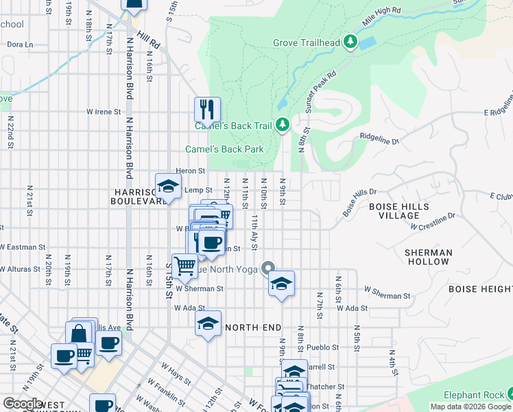 map of restaurants, bars, coffee shops, grocery stores, and more near 1008 West Ridenbaugh Street in Boise