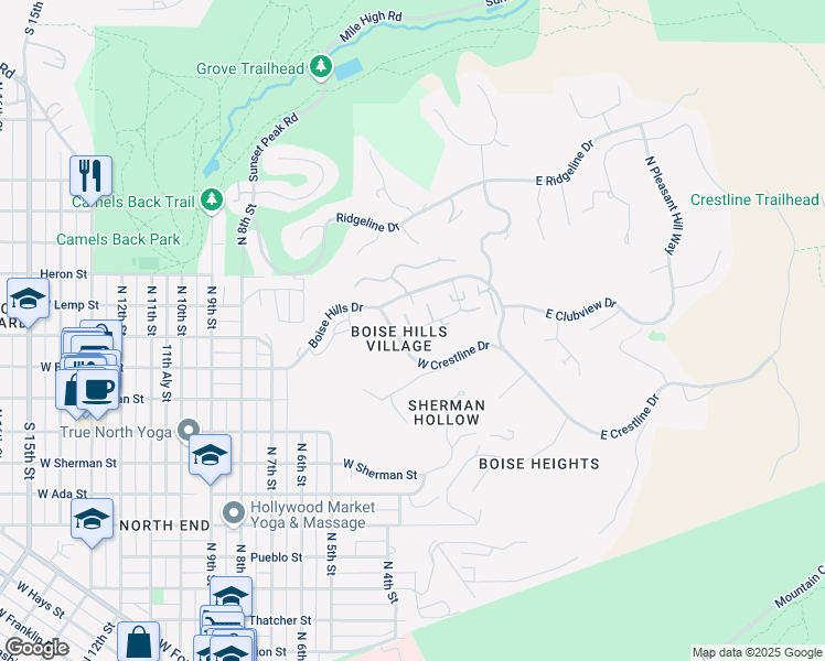 map of restaurants, bars, coffee shops, grocery stores, and more near 700 Village Lane in Boise
