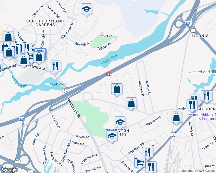 map of restaurants, bars, coffee shops, grocery stores, and more near 39 Hobart Street in South Portland