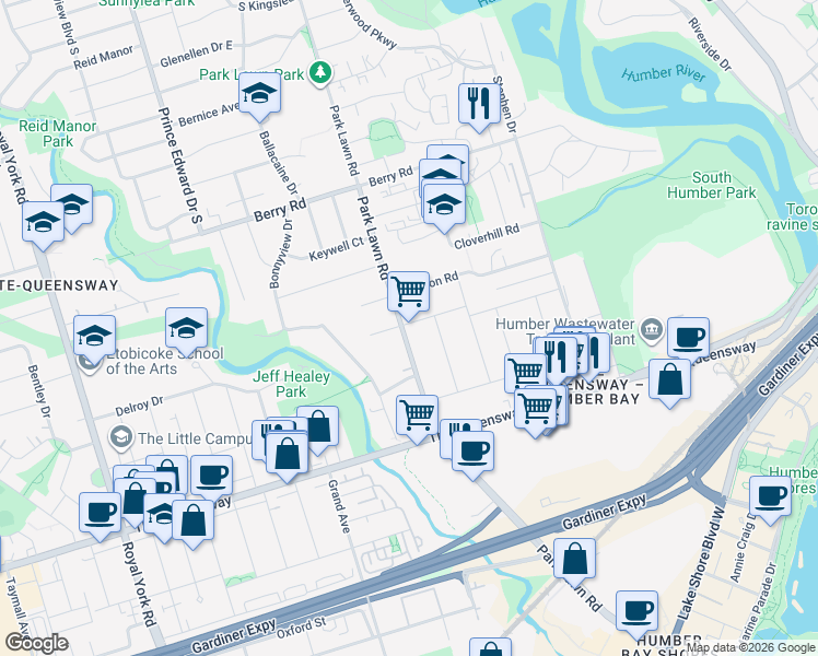 map of restaurants, bars, coffee shops, grocery stores, and more near 237 Park Lawn Road in Toronto