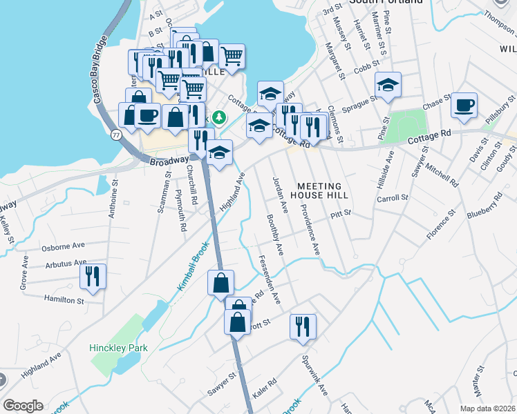 map of restaurants, bars, coffee shops, grocery stores, and more near 124 Highland Avenue in South Portland