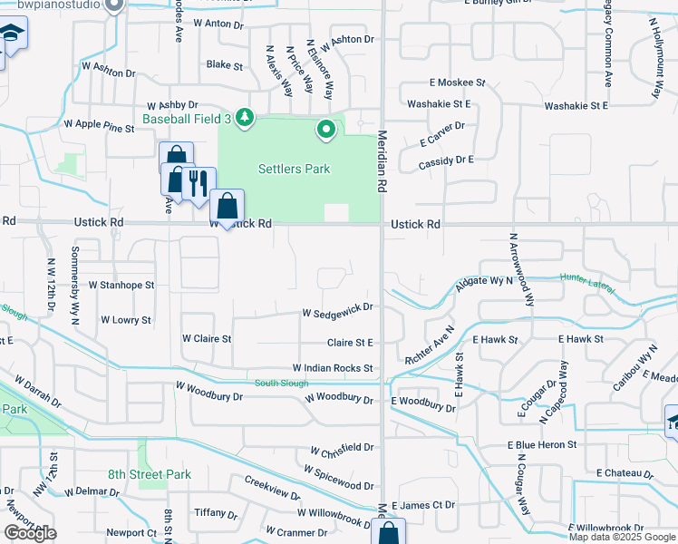 map of restaurants, bars, coffee shops, grocery stores, and more near 159 West Addeson Street in Meridian