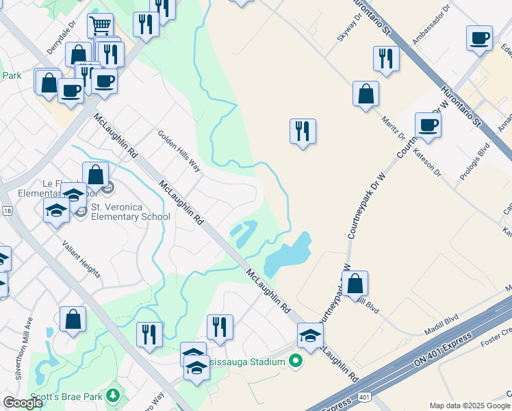 map of restaurants, bars, coffee shops, grocery stores, and more near 6741 Golden Hills Way in Mississauga