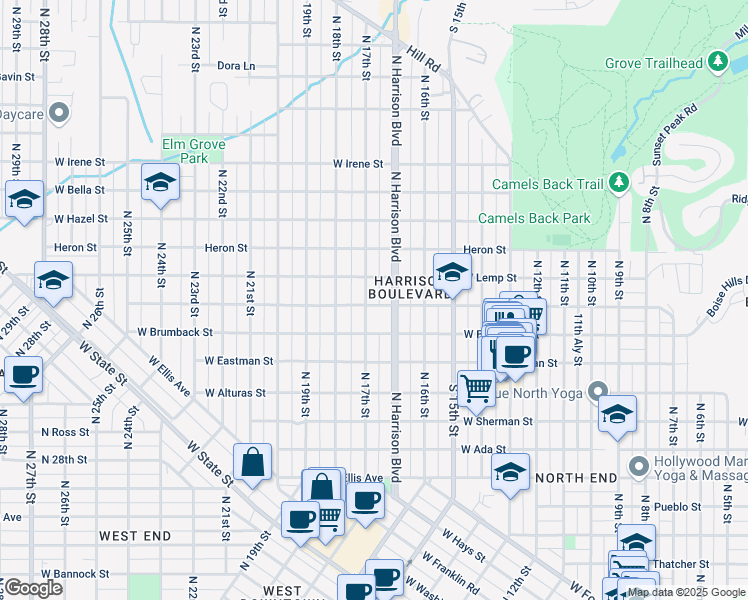 map of restaurants, bars, coffee shops, grocery stores, and more near 1666 West Ridenbaugh Street in Boise