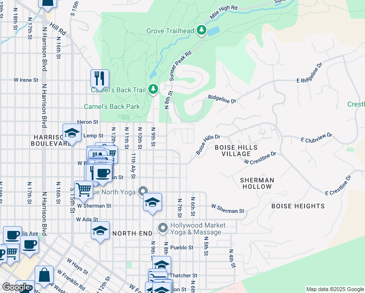 map of restaurants, bars, coffee shops, grocery stores, and more near 2303 Heights Drive in Boise