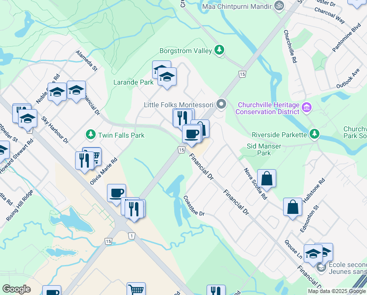 map of restaurants, bars, coffee shops, grocery stores, and more near Steeles Ave W & Financial Dr in Brampton