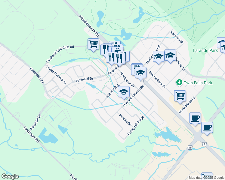 map of restaurants, bars, coffee shops, grocery stores, and more near Edinburgh Drive in Brampton