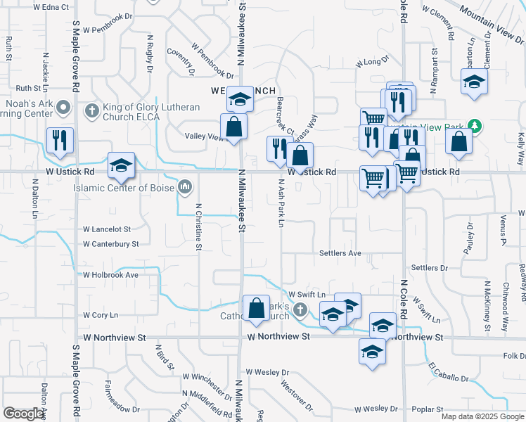 map of restaurants, bars, coffee shops, grocery stores, and more near 8053 West San Fernando Court in Boise