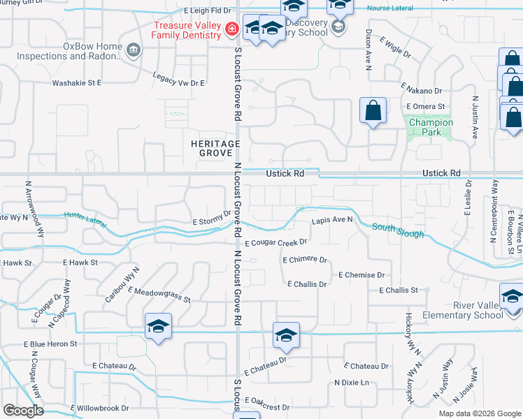 map of restaurants, bars, coffee shops, grocery stores, and more near 1726 East Kamay Court in Meridian