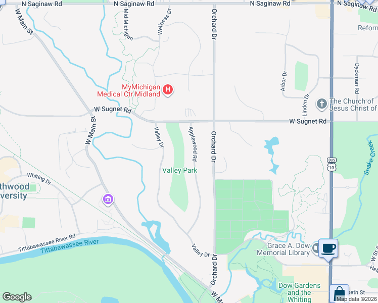 map of restaurants, bars, coffee shops, grocery stores, and more near 3707 Applewood Road in Midland