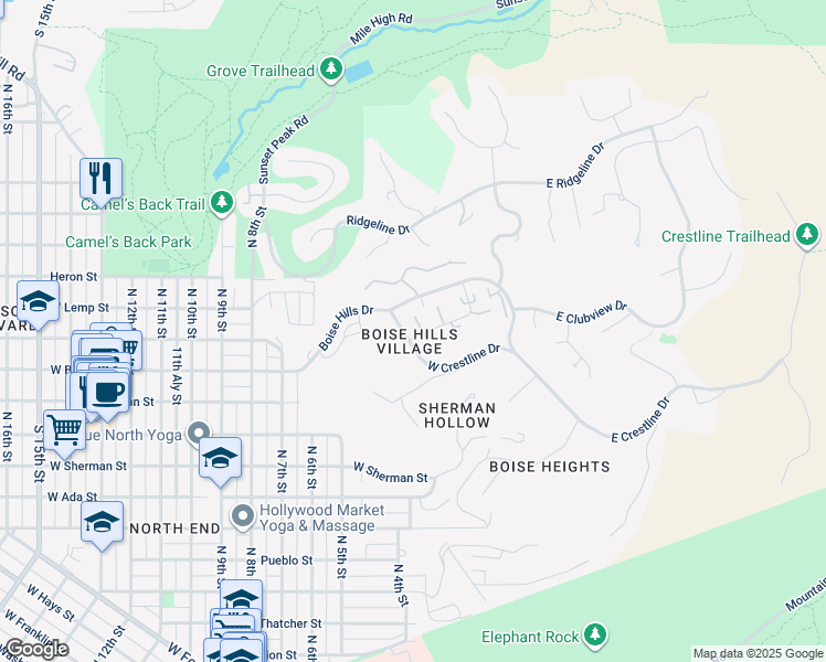 map of restaurants, bars, coffee shops, grocery stores, and more near 390 West Crestline Drive in Boise