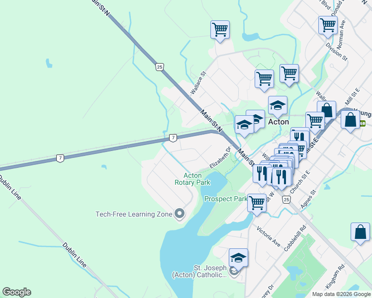 map of restaurants, bars, coffee shops, grocery stores, and more near 233 Elmore Drive in Acton