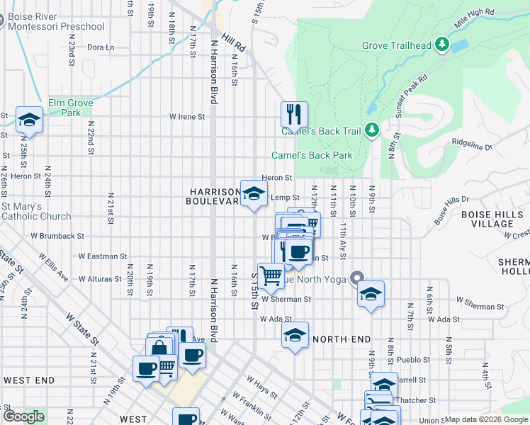 map of restaurants, bars, coffee shops, grocery stores, and more near in Boise