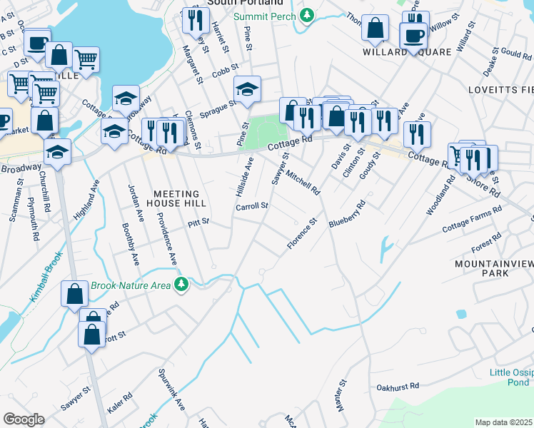 map of restaurants, bars, coffee shops, grocery stores, and more near 21 Sterling Avenue in South Portland