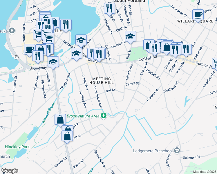 map of restaurants, bars, coffee shops, grocery stores, and more near 41 Pitt Street in South Portland