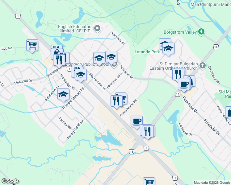 map of restaurants, bars, coffee shops, grocery stores, and more near 35 Twin Falls Road in Brampton