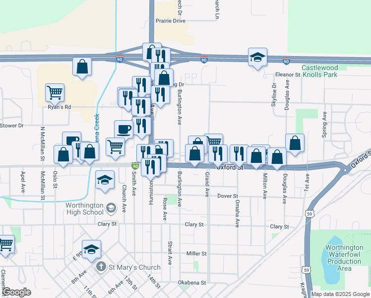 map of restaurants, bars, coffee shops, grocery stores, and more near 1440 Burlington Avenue in Worthington