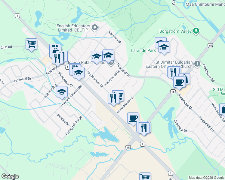 map of restaurants, bars, coffee shops, grocery stores, and more near 35 Twin Falls Road in Brampton