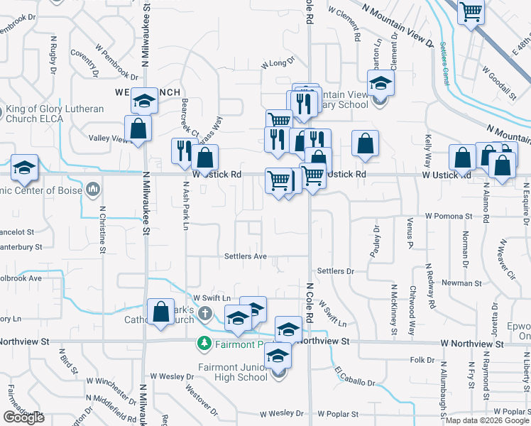 map of restaurants, bars, coffee shops, grocery stores, and more near 3030 North Westminster Place in Boise