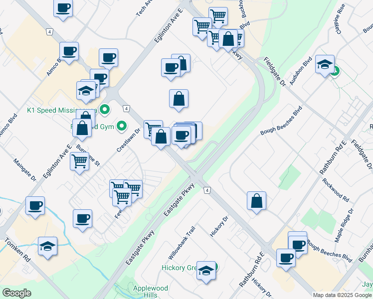 map of restaurants, bars, coffee shops, grocery stores, and more near 1550 South Gateway Road in Mississauga