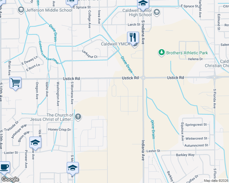 map of restaurants, bars, coffee shops, grocery stores, and more near 1716 East Ustick Road in Caldwell