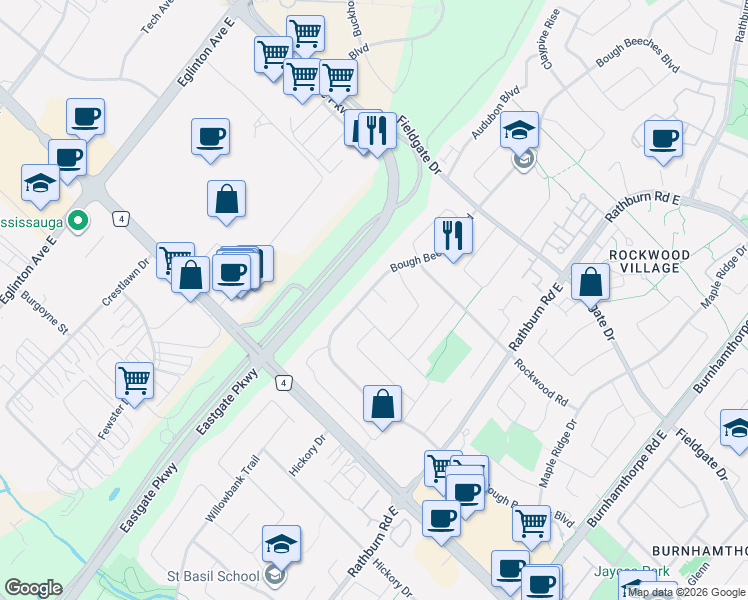 map of restaurants, bars, coffee shops, grocery stores, and more near 4344 Dallas Court in Mississauga