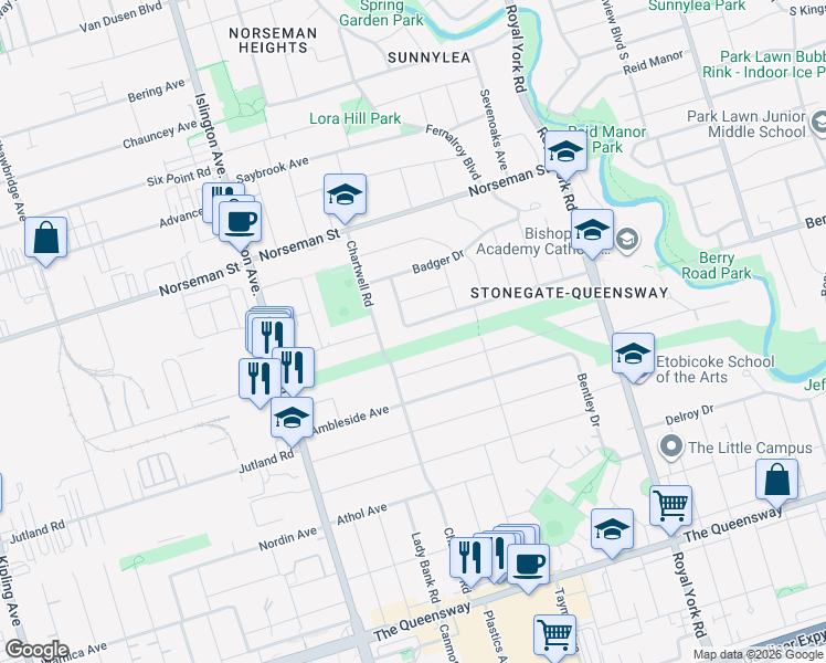 map of restaurants, bars, coffee shops, grocery stores, and more near in Toronto