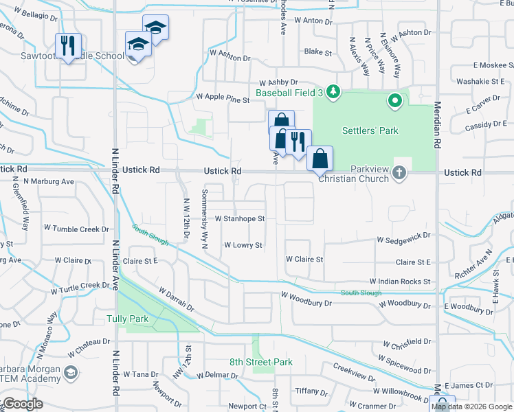 map of restaurants, bars, coffee shops, grocery stores, and more near 902 West Stanhope Street in Meridian
