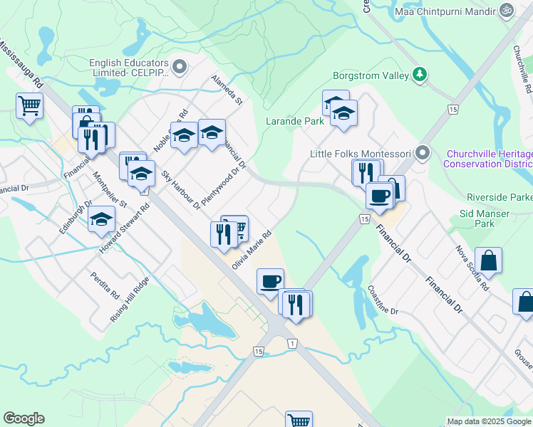 map of restaurants, bars, coffee shops, grocery stores, and more near 18 Kawana Road in Brampton