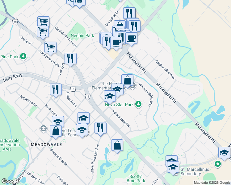 map of restaurants, bars, coffee shops, grocery stores, and more near 620 Madame Street in Mississauga