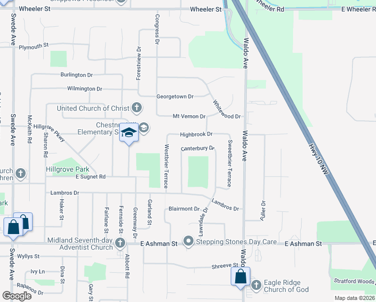map of restaurants, bars, coffee shops, grocery stores, and more near 2808 Canterbury Drive in Midland
