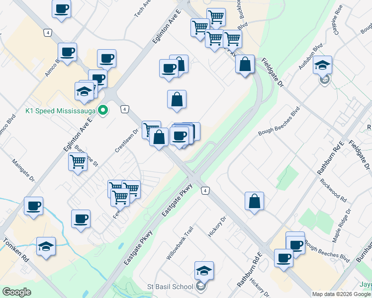 map of restaurants, bars, coffee shops, grocery stores, and more near 1550 South Gateway Road in Mississauga