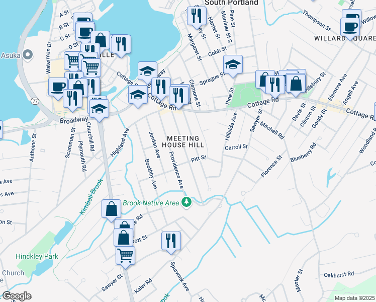 map of restaurants, bars, coffee shops, grocery stores, and more near 144 South Richland Street in South Portland
