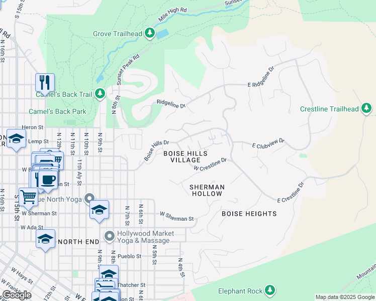 map of restaurants, bars, coffee shops, grocery stores, and more near 411 West Sand Dune Lane in Boise