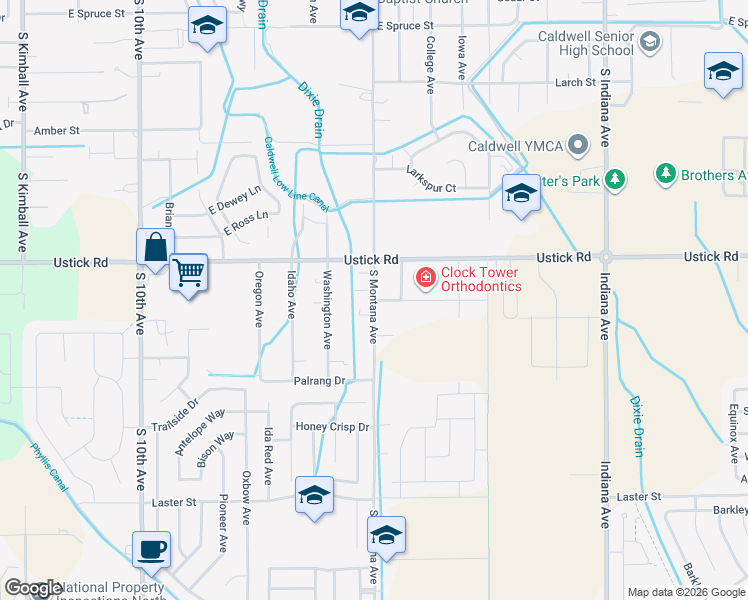 map of restaurants, bars, coffee shops, grocery stores, and more near 1402 East Indian Springs Street in Caldwell