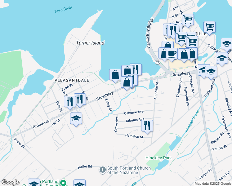 map of restaurants, bars, coffee shops, grocery stores, and more near 18 Tanner Street in South Portland
