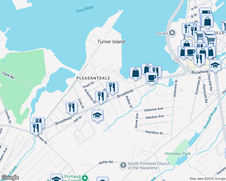 map of restaurants, bars, coffee shops, grocery stores, and more near 841 Broadway in South Portland