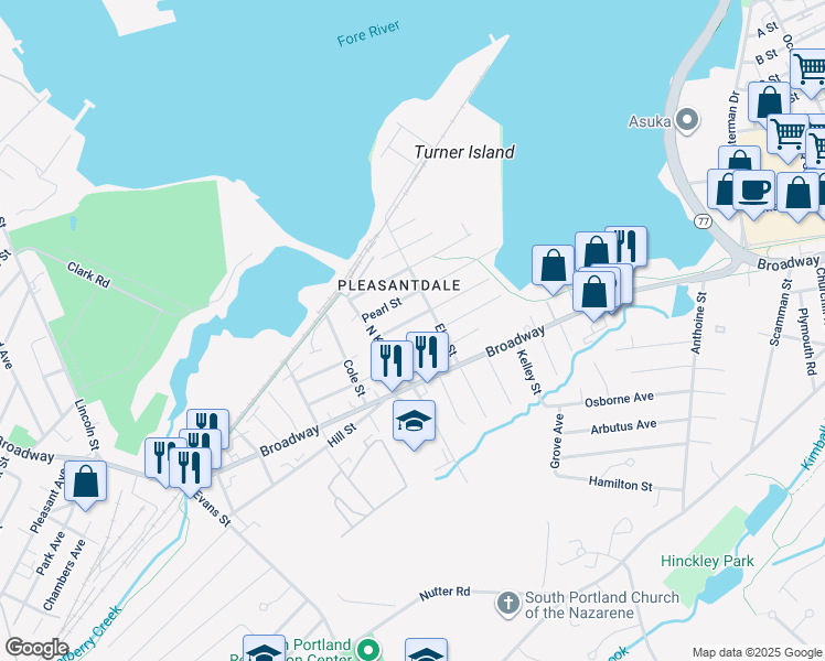 map of restaurants, bars, coffee shops, grocery stores, and more near 94 Chapel Street in South Portland