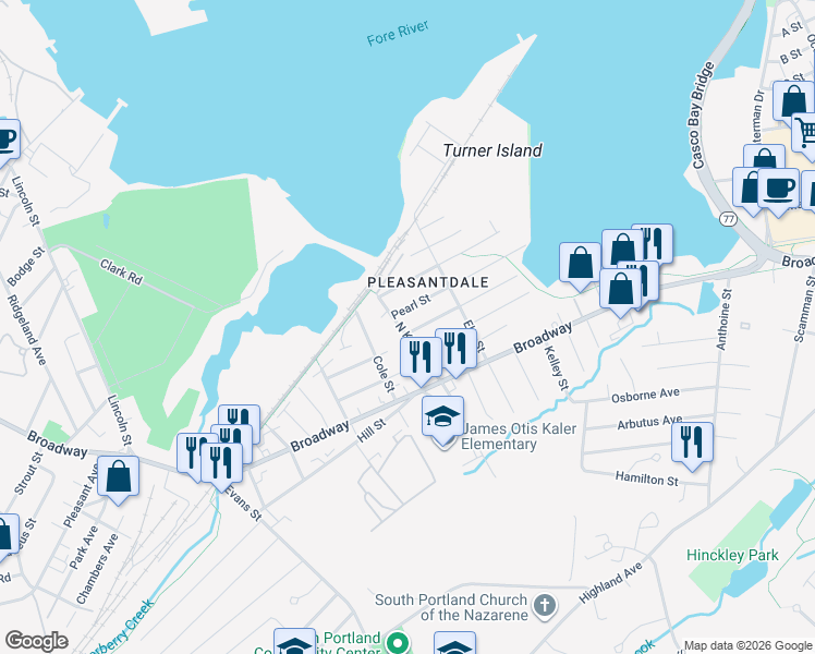 map of restaurants, bars, coffee shops, grocery stores, and more near 49 North Kelsey Street in South Portland